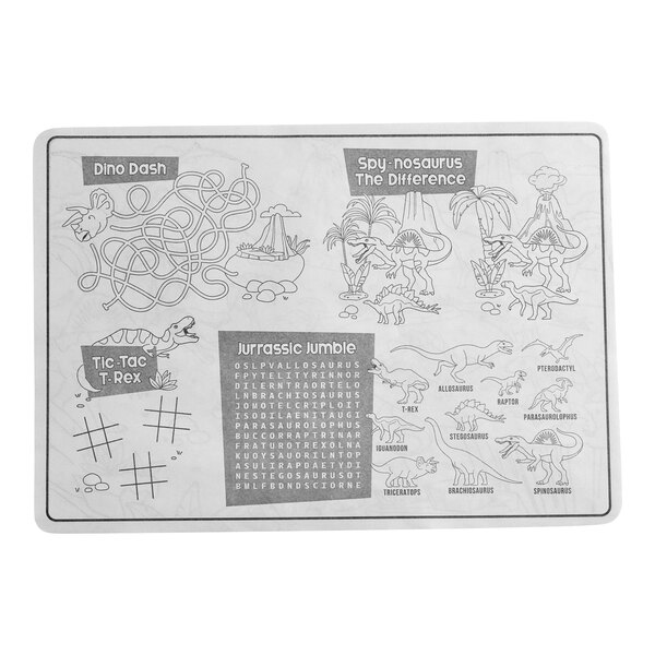 A children's dinosaur-themed interactive placemat featuring games, puzzles, and coloring activities.