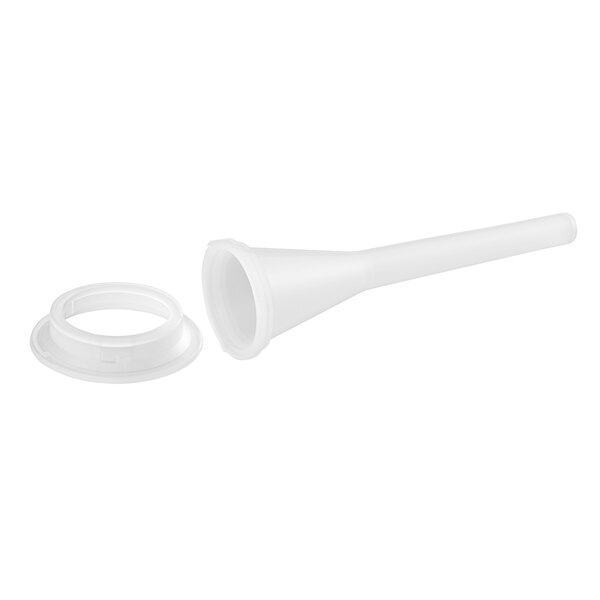 A white plastic funnel with a white flange and stuffer tube.