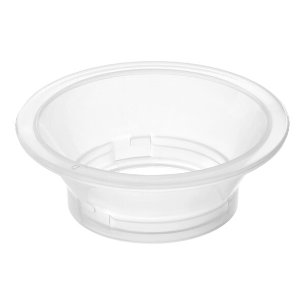 A clear plastic replacement flange for #22 meat grinders, used for sausage stuffing.