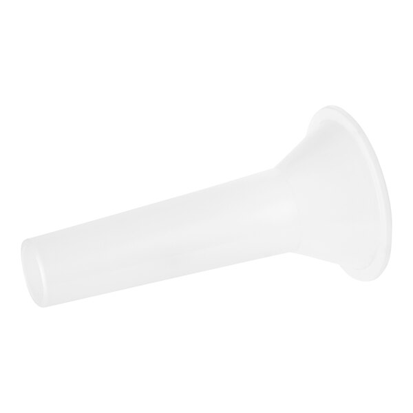 A white plastic sausage stuffer tube for a meat grinder.