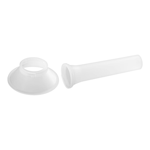 A white plastic tube flange with a hole and a white plastic stuffer tube.