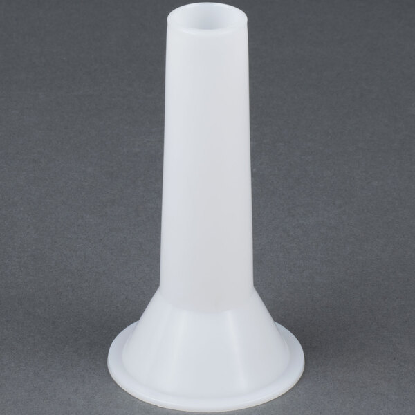 A white plastic funnel for a #12 meat grinder.