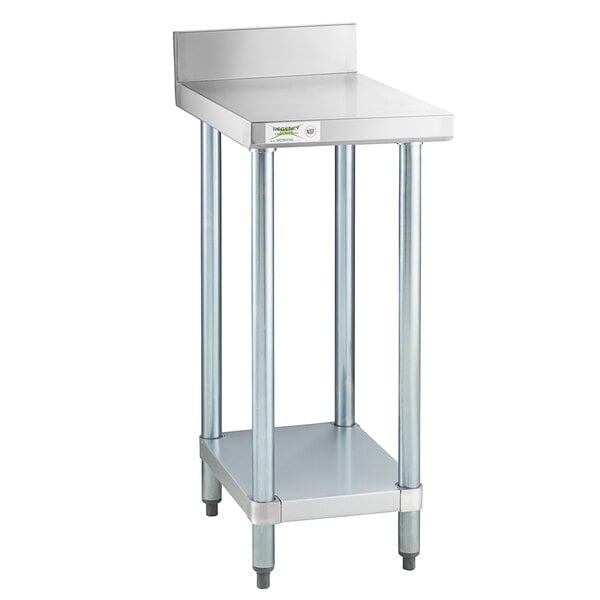 A Regency stainless steel filler table with a shelf.