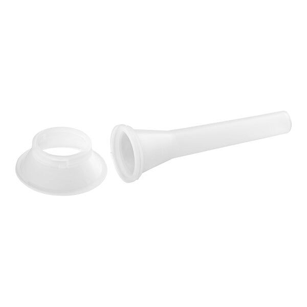 A white plastic flange with a small hole and a white plastic tube with a screw.