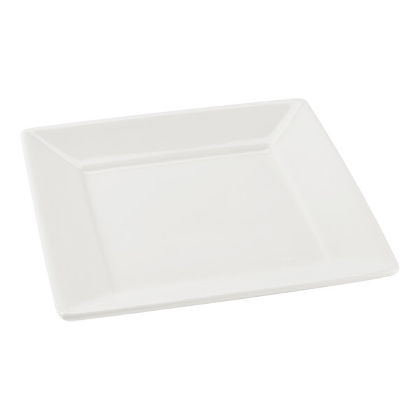 A square, eggshell-colored china plate.