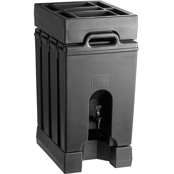 Cambro Camtainer 11.75 Gallon Black Insulated Beverage Dispenser with Black  7-Compartment Condiment Holder and 4 9/16 Riser