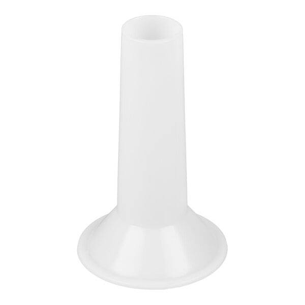 A white plastic 1 1/4 inch sausage stuffer tube designed for #22 meat grinders.
