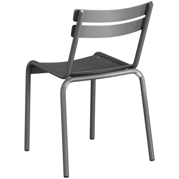A Lancaster Table & Seating matte gray aluminum outdoor side chair with a seat and back.