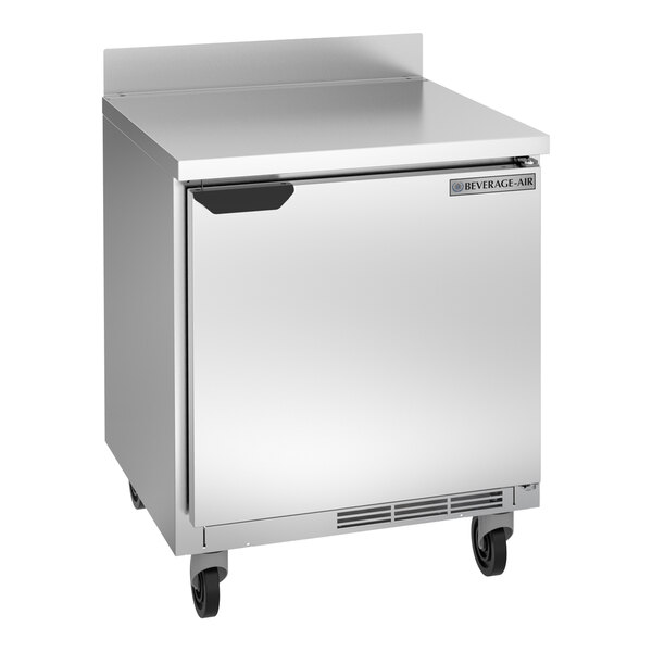 A silver Beverage-Air worktop refrigerator on wheels.