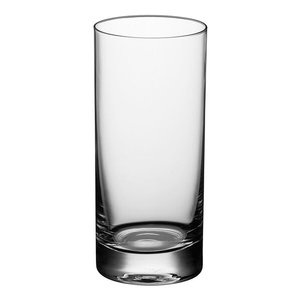 A close up of a clear Zwiesel Glas Paris beverage glass filled with a clear liquid.