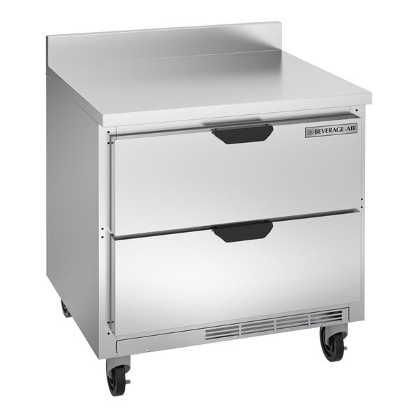 A stainless steel Beverage-Air worktop refrigerator with two drawers.