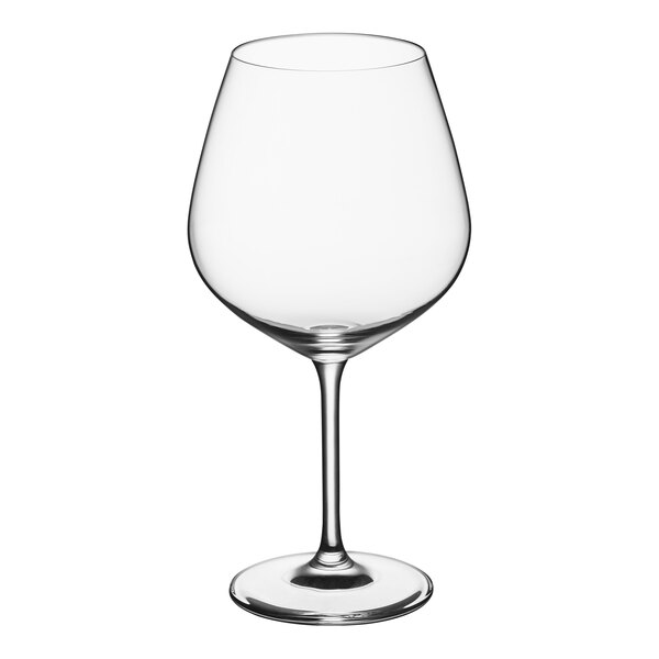 A close-up of a clear Schott Zwiesel Forte wine glass.