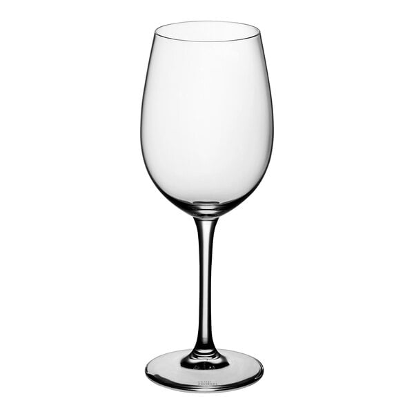 A close-up of a Schott Zwiesel clear wine glass with a stem.