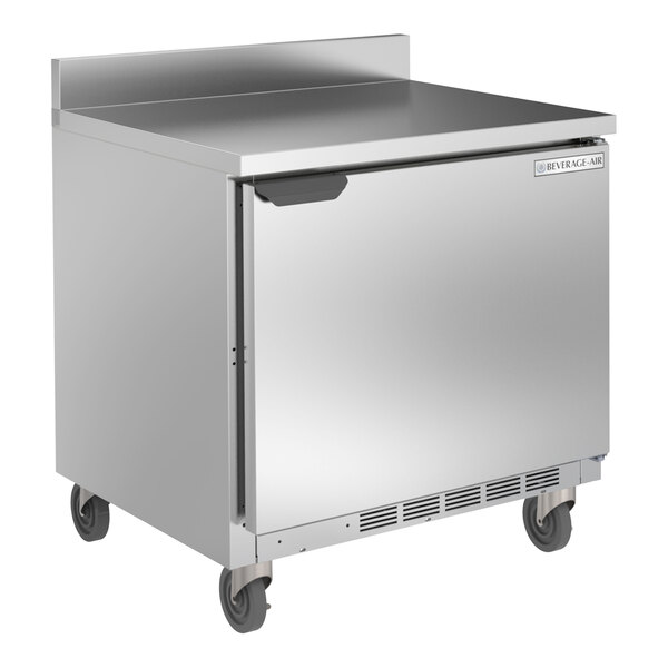 A stainless steel Beverage-Air worktop refrigerator on wheels with a door.