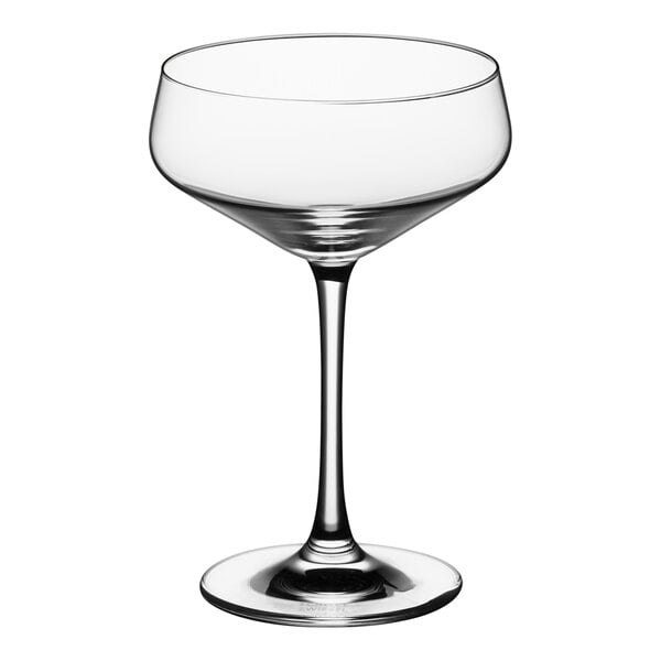 A clear Schott Zwiesel Coupe wine glass with a stem.