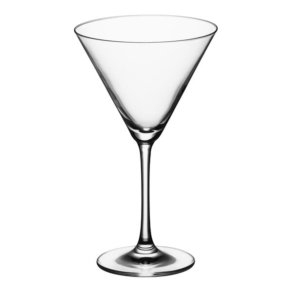 A Schott Zwiesel martini glass with a long stem and clear bowl.