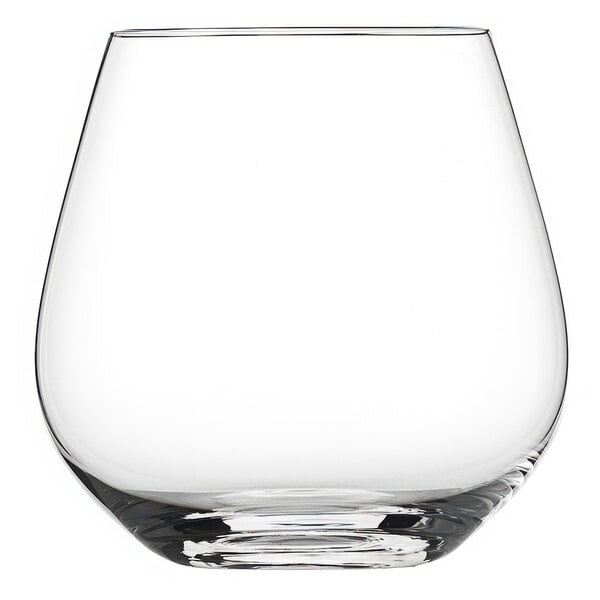 A Schott Zwiesel Forte stemless wine glass with a white background.