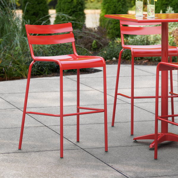 Red Powder Coated Aluminum Outdoor Barstool, Wide Seat Outdoor Bar Stools