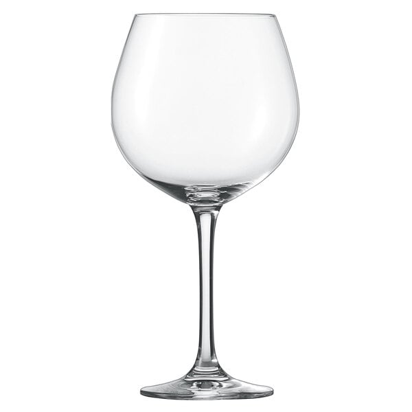 A close-up of a clear Schott Zwiesel wine glass with a stem.