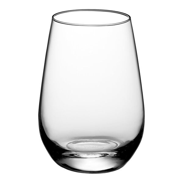 A Schott Zwiesel Forte stemless wine glass with a white background.