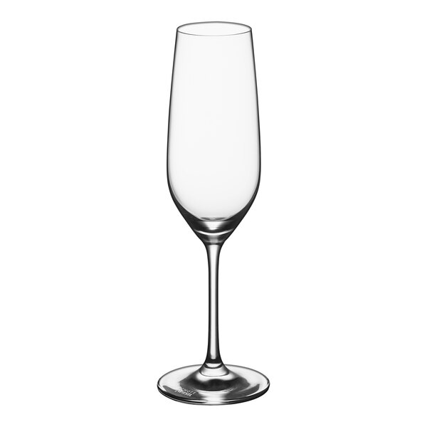 A close up of a clear Schott Zwiesel Forte flute wine glass with a long stem.