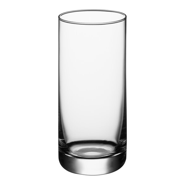 A close up of a clear Schott Zwiesel beverage glass with a white background.