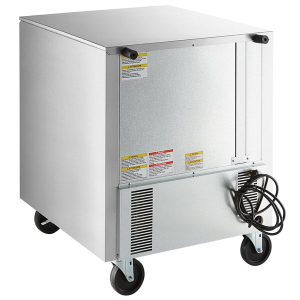A silver rectangular Beverage-Air undercounter freezer with wheels.