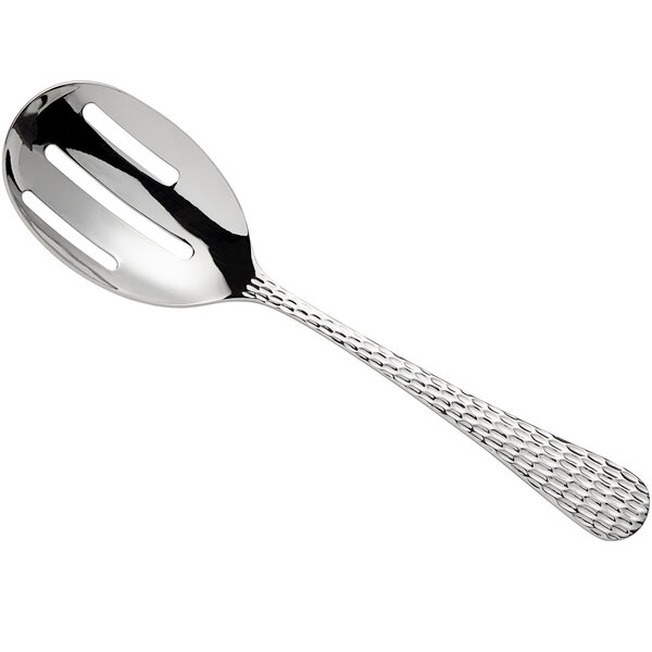 An Acopa stainless steel slotted serving spoon with a handle.