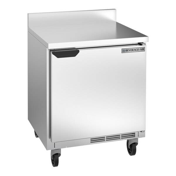 A silver Beverage-Air worktop refrigerator on wheels.