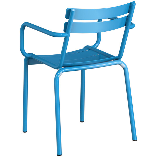 A blue metal arm chair by Lancaster Table & Seating.