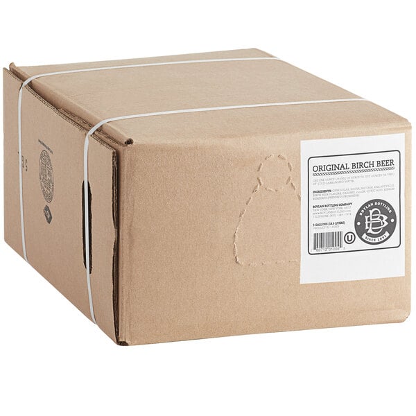 A cardboard box with a white label for Boylan Bottling Co. Birch Beer soda syrup.