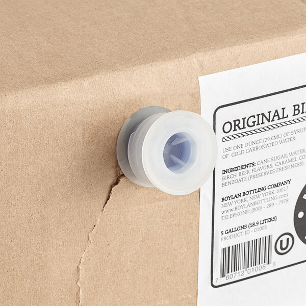 A close-up of a Boylan Birch Beer soda syrup box with a white plastic cap.