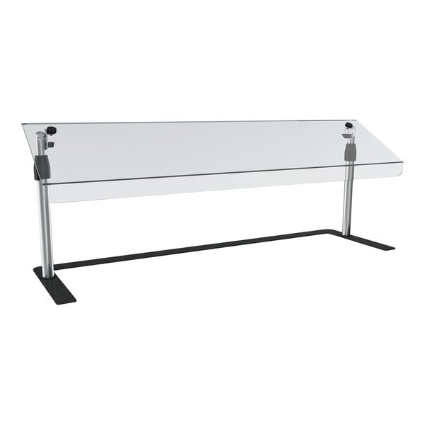 A Vollrath mobile steel sneeze guard over a white table with black legs.