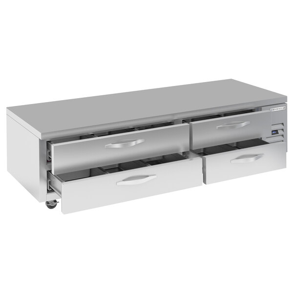 A silver stainless steel Beverage-Air chef base with drawers open.