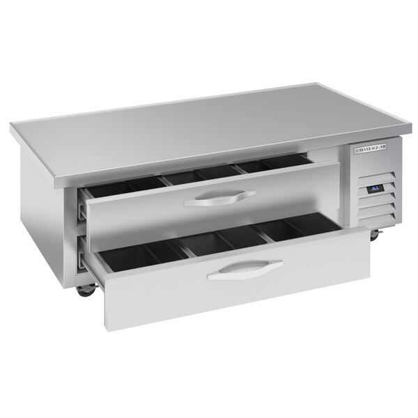 A stainless steel Beverage-Air chef base with two refrigerated drawers.