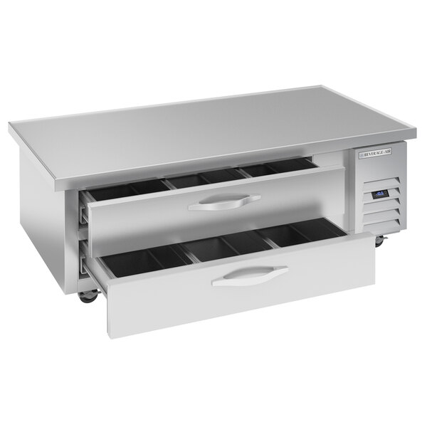 A stainless steel Beverage-Air chef base with two drawers.