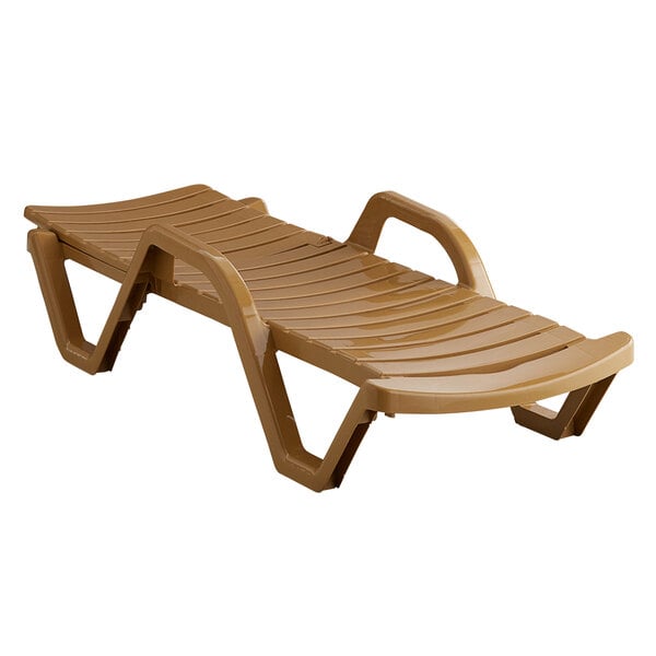 A tan resin chaise lounge with two handles.
