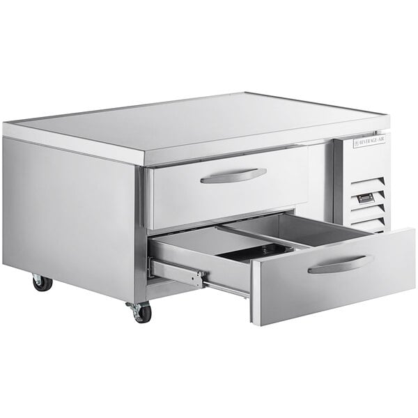 A stainless steel Beverage-Air chef base with two drawers.