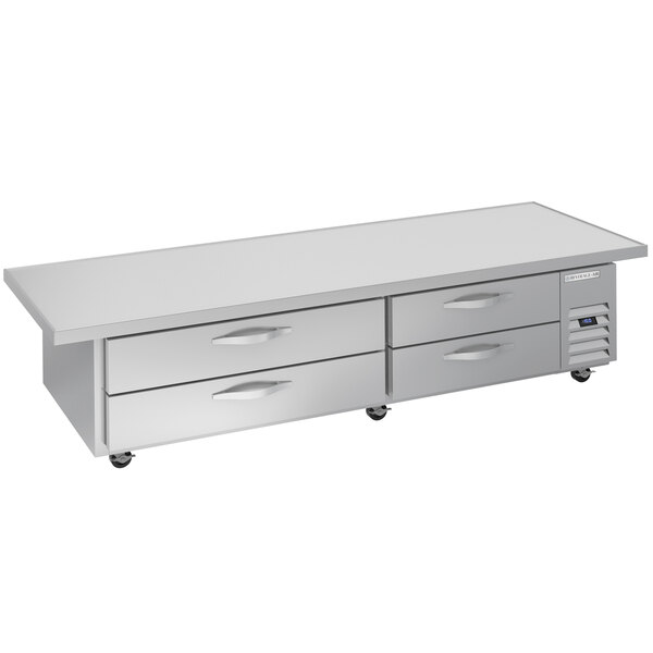 A stainless steel Beverage-Air chef base with four drawers.