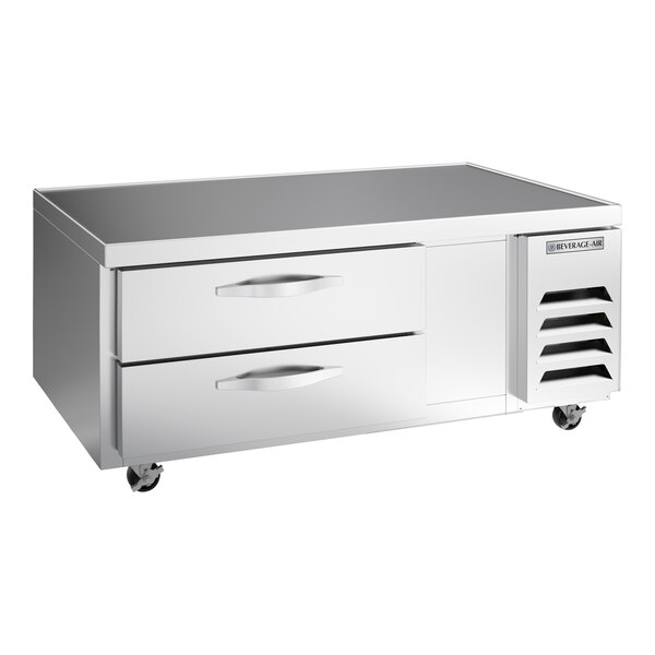 A stainless steel Beverage-Air chef base refrigerator with two drawers on wheels.