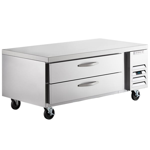 A stainless steel Beverage-Air chef base with two drawers on wheels.