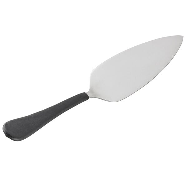 A Tablecraft stainless steel pie server with a black handle.