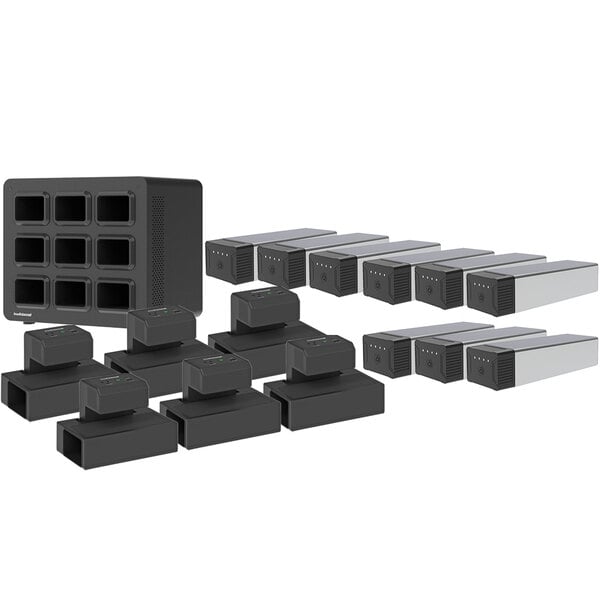 A group of black rectangular Luxor EdgePower charging stations with square holes on the front.