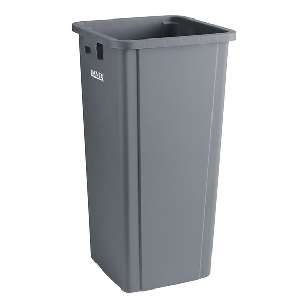 A Lavex gray rectangular plastic trash can.