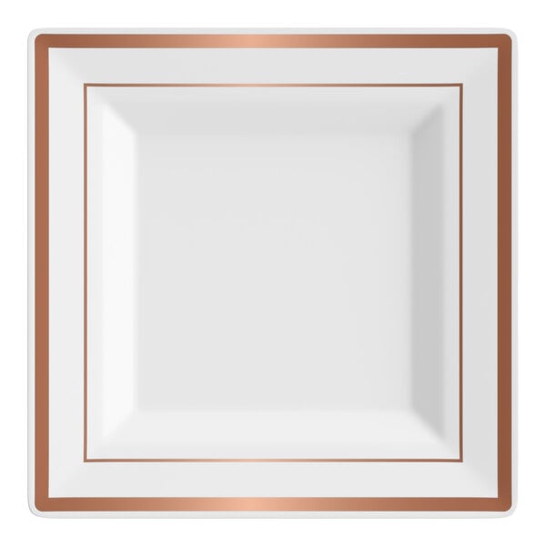 A square white plastic plate with rose gold or copper bands along the border.