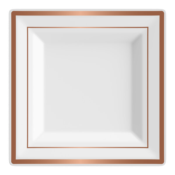 Visions 6" Square White Plastic Plate with Rose Gold / Copper Bands - 120/Case