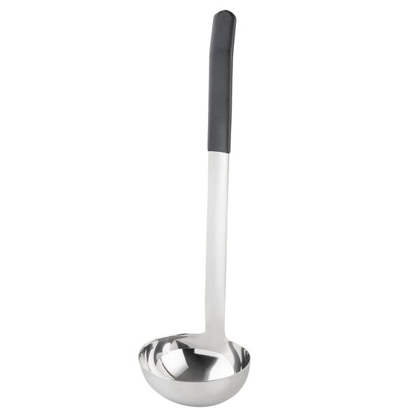 A Tablecraft stainless steel ladle with a black handle.