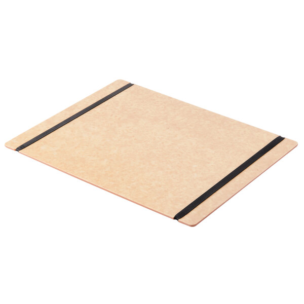 A Cal-Mil natural menu board with black flex bands on a table.