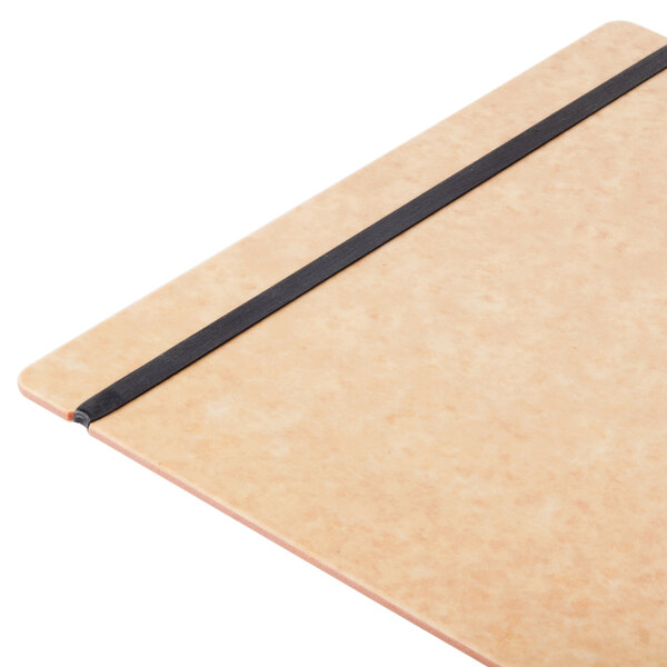 A Cal-Mil natural menu board with black flex bands on a table.