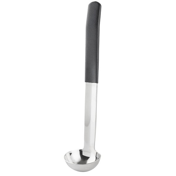 A Tablecraft stainless steel ladle with a black handle.